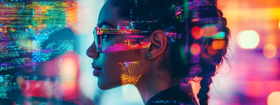 A close-up of a woman's face, wearing glasses and with her hair tied back in braids, looking out the window at colorful reflections on the glass
