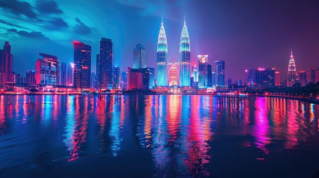 Fototapeta Vibrant city skyline at twilight, illuminated skyscrapers reflected in calm water.