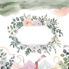 Fototapeta premium Pastel wedding invitation card botanical elements bordered by ornate floral patterns.