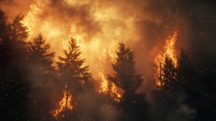 Obraz premium Wildfire devastation forested area visual content nighttime scene dramatic viewpoint environmental crisis