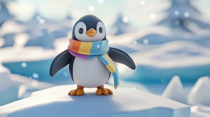 A cute penguin wearing a rainbow scarf stands on an icy surface in a snowy landscape.