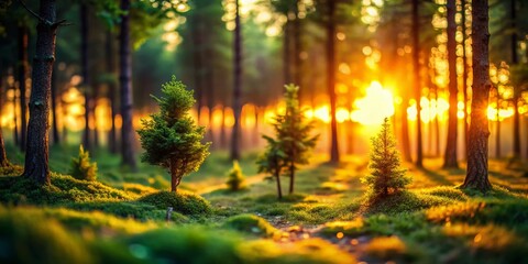 Obraz premium Enchanted Forest Sunset with Tilt-Shift Photography Capturing the Magic of Twilight in Nature, Soft Light Filtering Through Trees, and Dreamy Atmosphere for Serene Outdoor Scenes