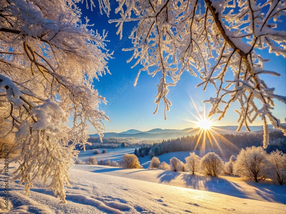 Poster enchanted frosted tree branches in a winter wonderland scene with sparkling snow and soft light, per
