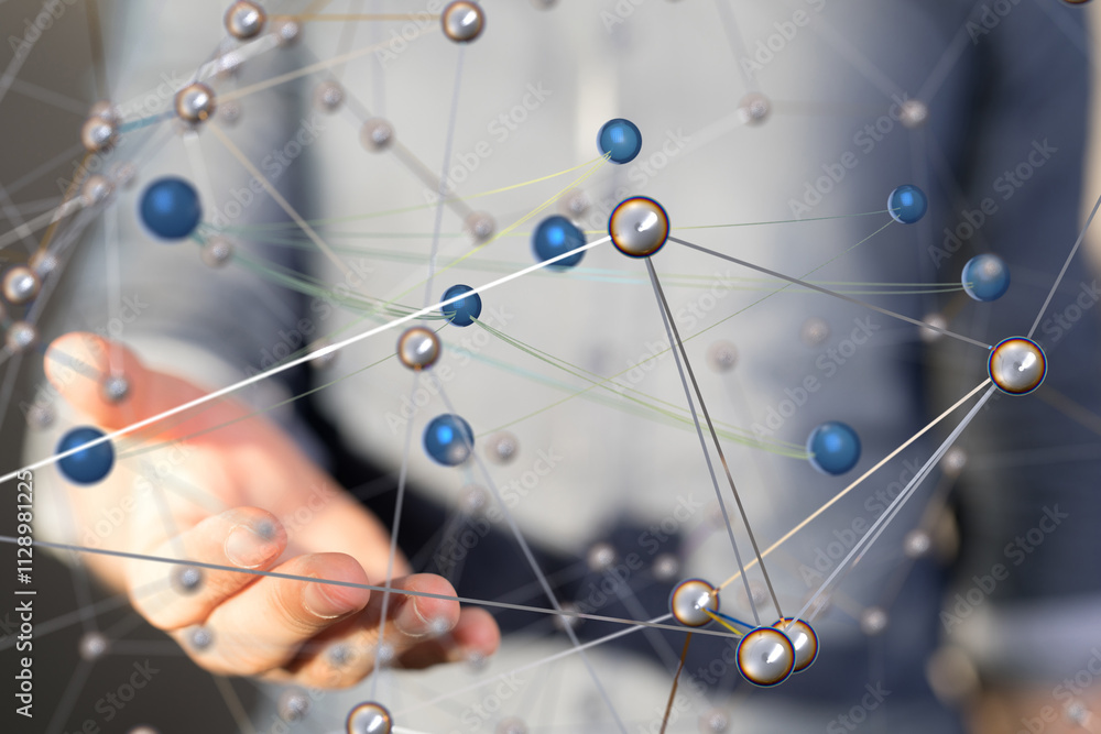 Poster Global network. Blockchain. 3D illustration. Neural networks and artificial intelligence. Abstract