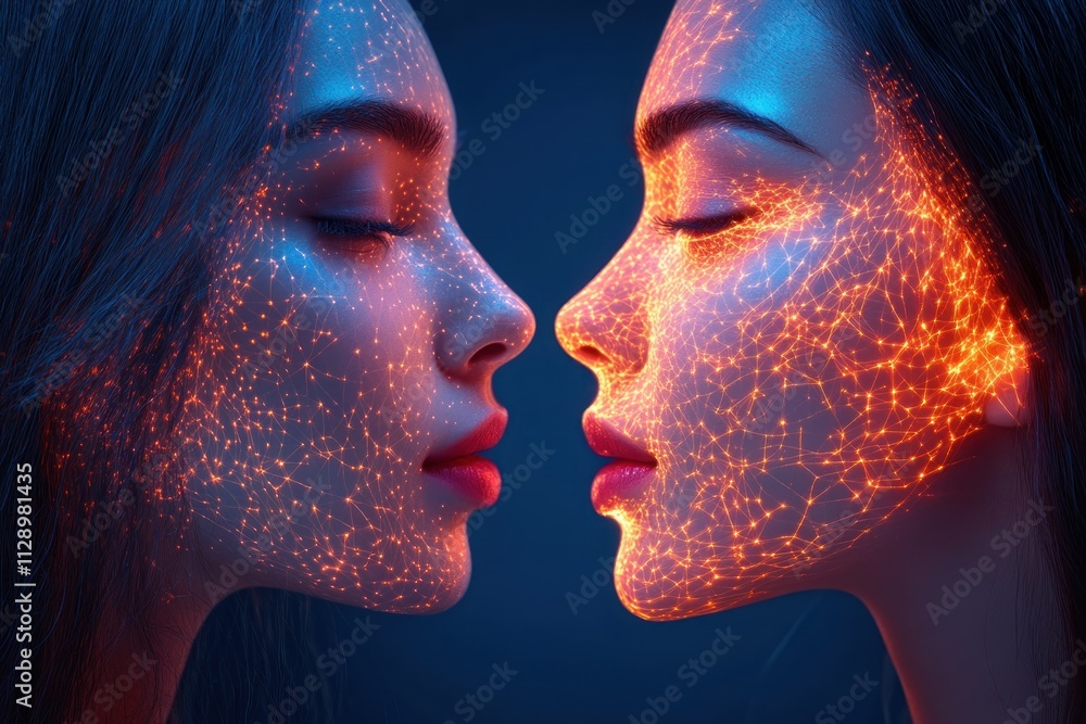 Aufkleber abstract glowing patterns visualizing empathy and communication between two faces a stunning explora