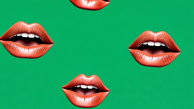 Female Talk Red Lips and Their Expressions in Various Mouth Styles on Vibrant Green Background