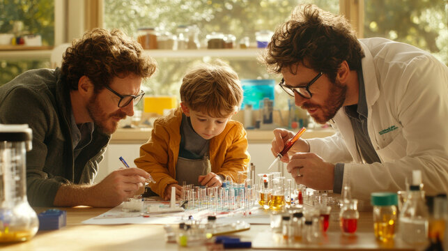 Engaging scene of two men and boy conducting experiments in laboratory, surrounded by colorful test tubes and scientific equipment, fostering curiosity and learning