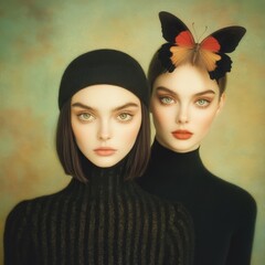 Two women in black turtlenecks, one with a butterfly on her head, exude surreal elegance and mystery, their piercing green eyes set against a softly textured background.