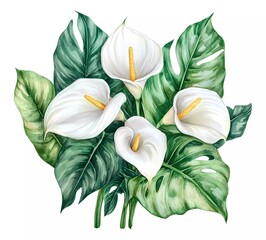 Watercolor tropical leaves and calla lilies bouquet, white background, clip art style, white space around the elements for easy cut-out, no shadows on a dark beige solid color.