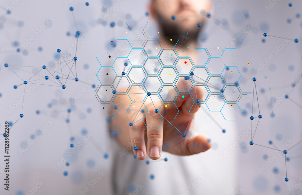 Poster Neural network 3D illustration. Big data and cybersecurity