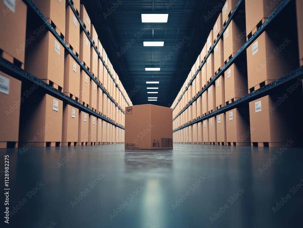 Poster a spacious warehouse filled with neatly stacked cardboard boxes, creating a symmetrical and organize