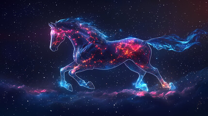 The horse a dynamic constellation gallops through the night its figure defined by vibrant stars that echo movement and energy. hooves formed by s symbolize freedom while flowing. Echo. Illustration