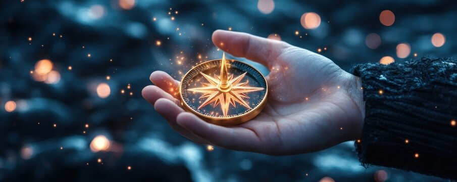 A Glowing Compass Held by a Determined Hand Symbolizing Confidence, Self-Belief, and Direction in Achieving Life Goals This evocative image depicts a hand gently cradling a luminous compass