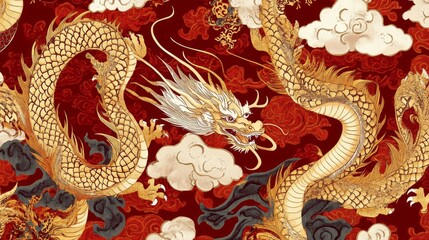 Fototapeta premium Majestic golden dragon soars through red clouds traditional art chinese culture mystical environment vibrant viewpoint mythical concept