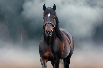 Obraz premium A majestic bay horse, powerfully galloping across a vibrant sunlit plain, embodies unmatched confidence, untamed freedom, and immense strength a breathtaking symbol of equine beauty and wild spirit