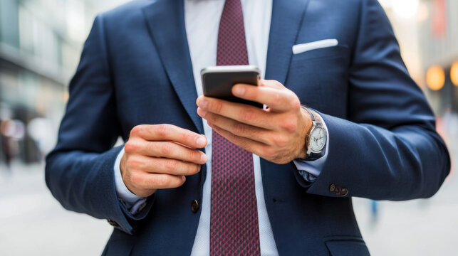 A businessman in tailored suit checks his smartphone while standing on city street, showcasing blend of professionalism and modern technology