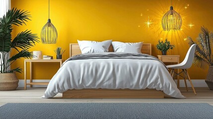 A beautifully designed bedroom featuring a cozy bed, wooden furniture, and a vibrant yellow wall that adds warmth and charm to the space.