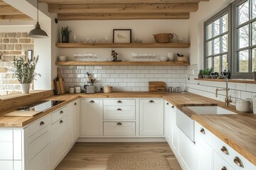 Rustic farmhouse kitchen with white cabinets, wooden countertops, and open shelving.