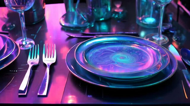 Gleaming empty plates and cutlery shine under vibrant, colorful party lights, creating an elegant atmosphere perfect for celebrations and special occasions