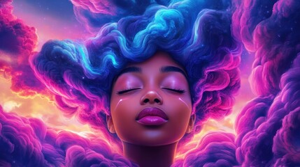 A Powerful Woman Embracing Vibrant Energy Waves An Image Representing Self-Esteem, Confidence, and Inner Strength This artwork showcases a woman surrounded by dynamic, swirling energy, symbolizing