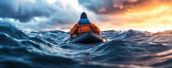 A Radiant Person Confidently Navigating a Stormy Sea An Image Representing Self-Esteem, Resilience, and Trust in Uncertain Times This powerful visual metaphor showcases inner strength and the