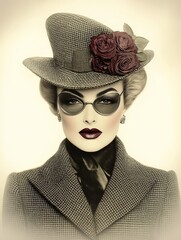 A sophisticated woman in a checkered hat with red roses, dark sunglasses, and a tailored coat exudes vintage charm and timeless elegance in a soft, sepia-toned portrait.