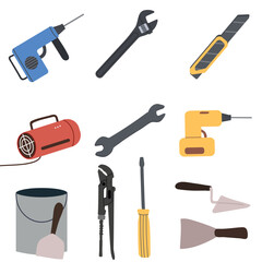 Construction tools and equipment set. Building and repair toolbox. Drill, work instruments, renovation supplies. Flat vector hand drawn illustration isolated on white background