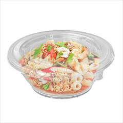 Picture of clear plastic food cups, menu in cups
It is a rice noodle salad with shrimp and squid that has a spicy and sour taste.
Mouthwatering, delicious-looking, placed on a white background.