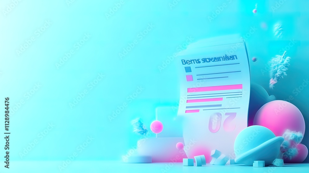 Poster 3d render of a pastel document with geometric shapes and planets.