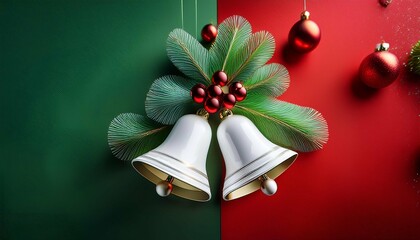 charming holiday scene featuring festive decorations with white bells and vibrant red and green backgrounds