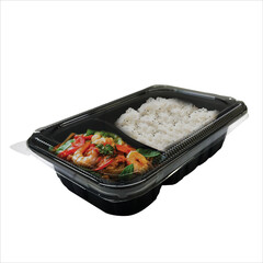Picture of black plastic food box, menu box
It's rice and side dishes. Whether it's spicy and hot stir-fried shrimp with chilli paste
 that looks delicious placed on a white background