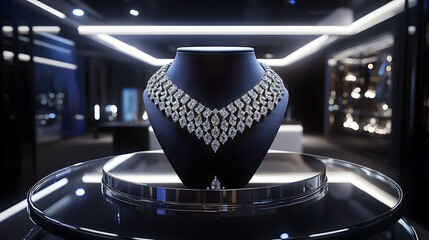 An elaborate diamond choker presented on a rotating platform in a modern showroom.
