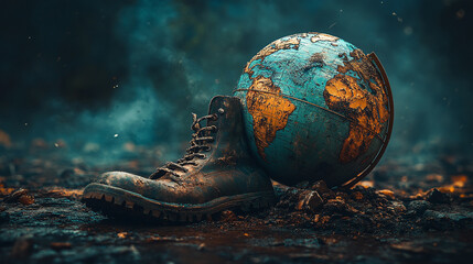 combat boot rests on damaged globe, symbolizing impact of conflict on world. scene evokes sense of destruction and loss, highlighting fragility of our planet