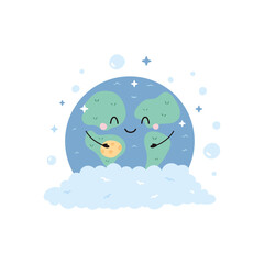 Cute Cartoon Illustration of Planet Earth Washing with Sponge and Soap Bubbles. Perfect for Eco-Friendly and Clean Planet Themes.