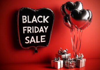 A black balloon marked with 'Black Friday Sale', accompanied by heart-shaped balloons and wrapped gifts, set against a red background symbolizes retail excitement.