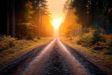 Fototapeta premium A warm glowing path through a tranquil autumn forest, symbolizing mindfulness and clarity, leading to inner peace and self-discovery This serene autumn scene evokes feelings of calm, reflection, and