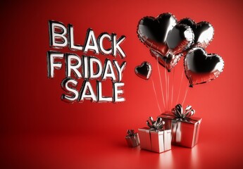 A Black Friday sale sign with metallic balloons on a red background, featuring silver heart-shaped balloons and gift boxes, creating a festive atmosphere.