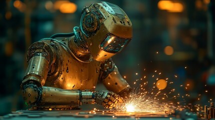 Robotic Humanoid Welding Metal with Sparks