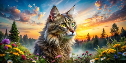 Obraz premium Enchanting Double Exposure Photography Featuring a LaPerm Cat Blended with Nature Elements for Unique and Artistic Stock Imagery