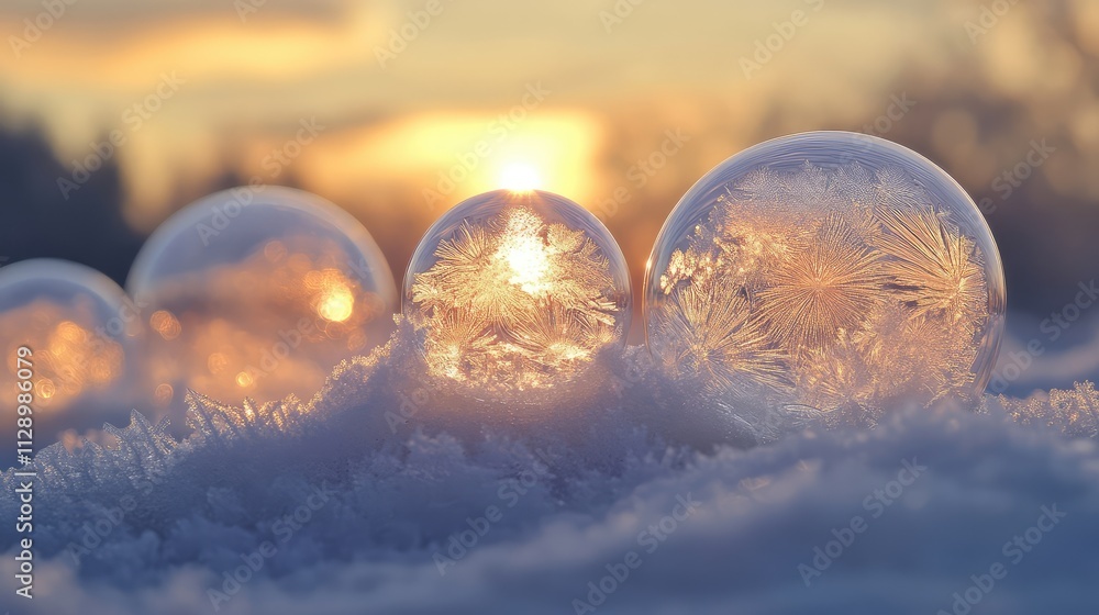 Poster a mesmerizing arrangement of frozen bubbles in a layered ice sheet, captured with intricate frost an
