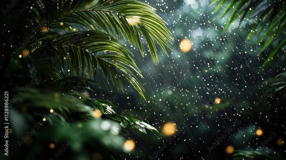 Poster lush rainforest scene with rain and glowing particles creating a mystical atmosphere.