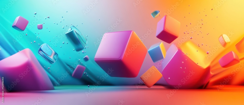 Poster Vibrant Colorful Cubes Abstract 3D Render, Dynamic Geometric Shapes Background
