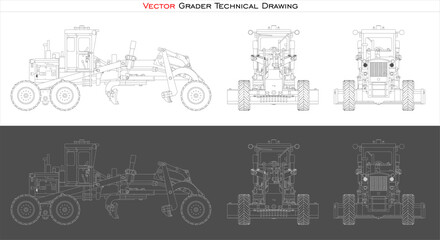 vector Grader set line draw blueprint wireframe from all view  front, side and back isolated in transparent background
