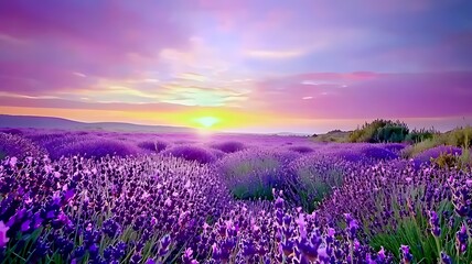 Obraz premium Vibrant sunrise over a vast lavender field.