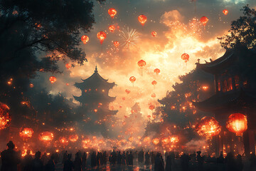 The Chinese New Year, or Spring Festival, celebrated with dragon dances, red lanterns, family reunions, and traditional feasts, marking the Year of the Dragon