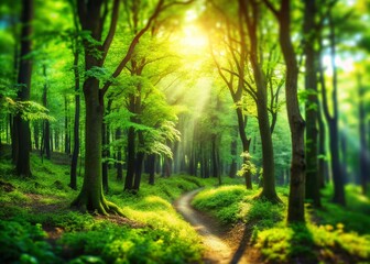 Naklejka premium Enchanting Forest Landscape with Tilt-Shift Photography Style Depicting Lush Green Trees and Vibrant Nature Elements for Creative Projects and Illustrations