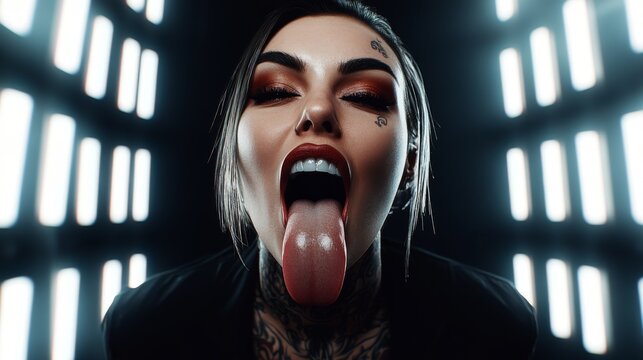 A bold woman with expressive tattoos poses with a playful gesture, showing her tongue, amidst dramatic lighting that enhances her striking features.