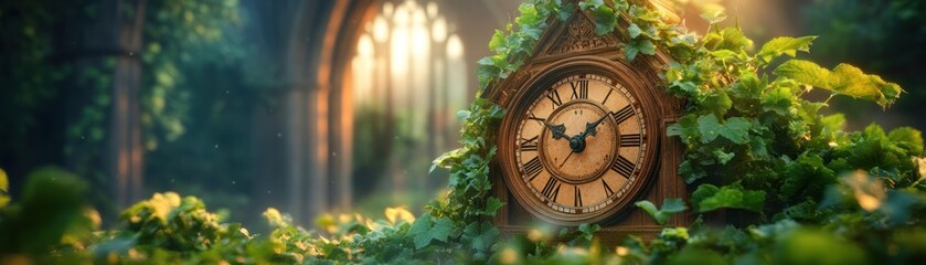 Fototapeta premium Timeless Elegance A weathered clock tower, embraced by flourishing vines, symbolizes the enduring passage of time, sustainable design, and the built environment's remarkable durability This image