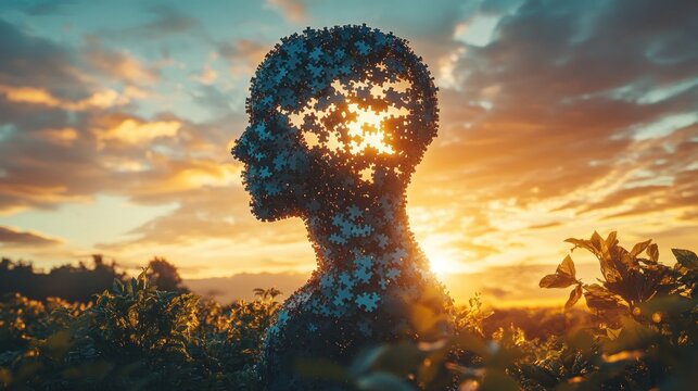 Unraveling the Self A Concept of Human Silhouette Composed of Interlocking Puzzle Pieces, Symbolizing Self-Awareness, Intricate Self-Discovery Journey, Personal Growth, Inner Peace, Mental Wellness