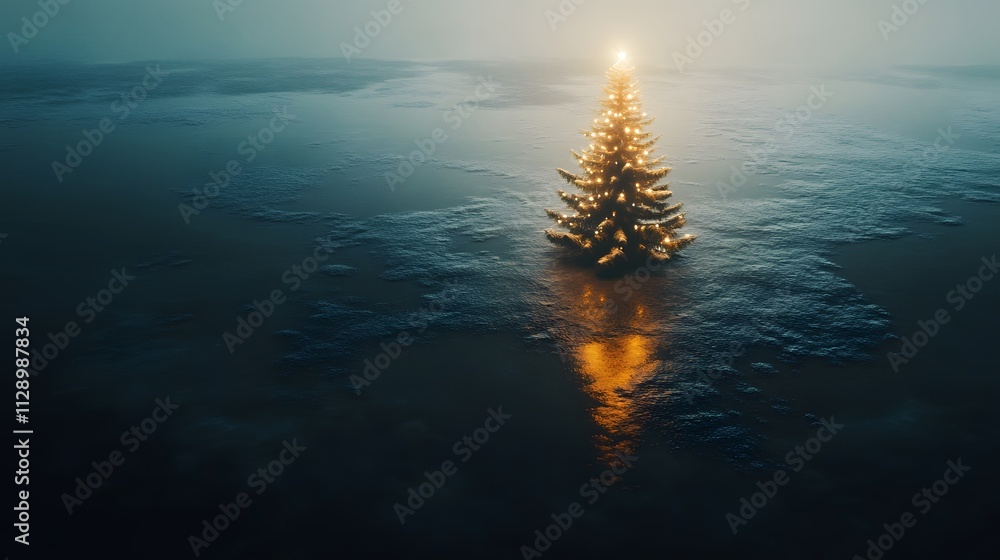 Poster aerial view of a minimalist christmas tree placed on a smooth icy surface, with reflections amplifyi